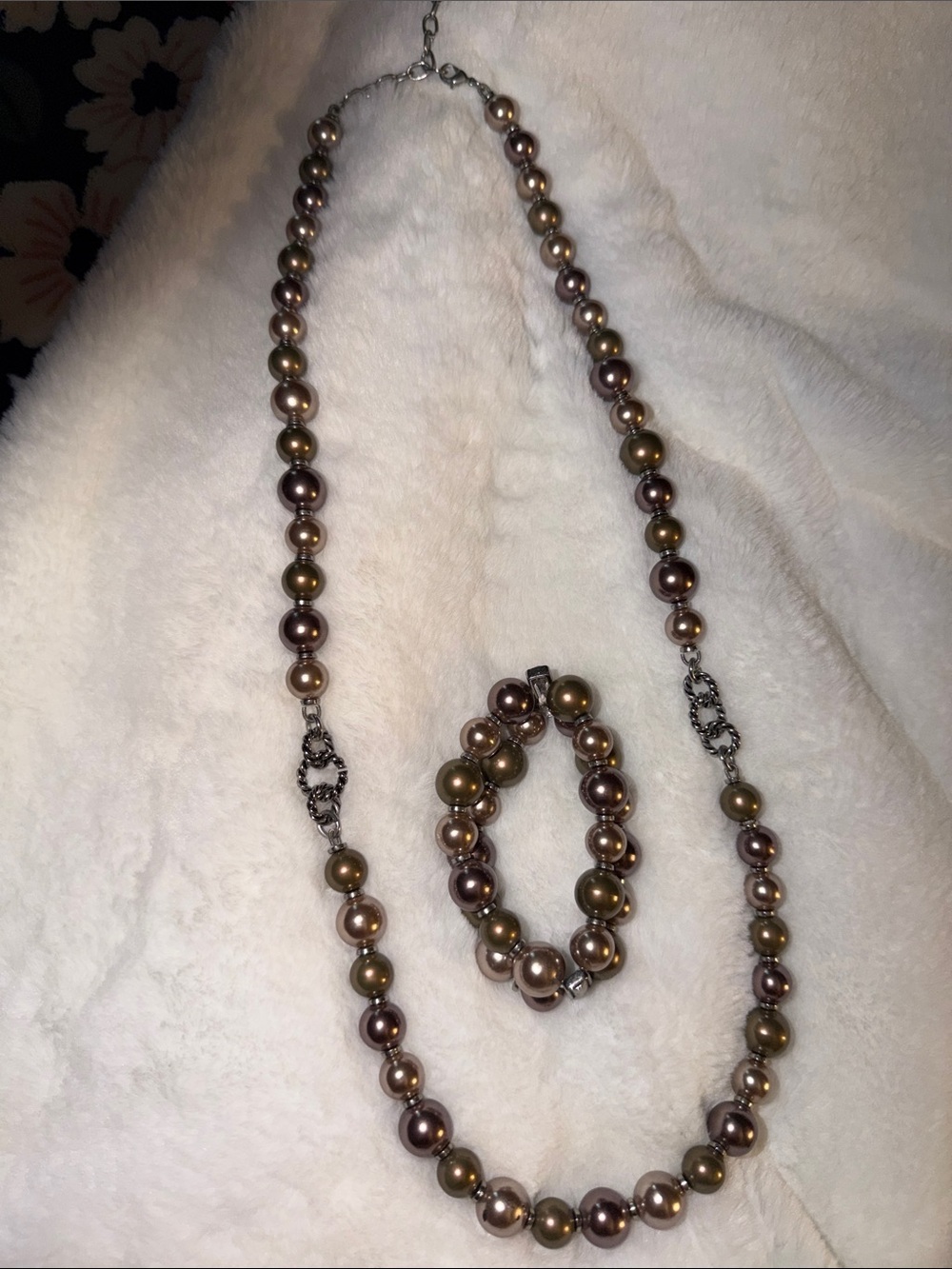 Faux Pearl Necklace & Bracelet Set Mauve/Champagne Tones